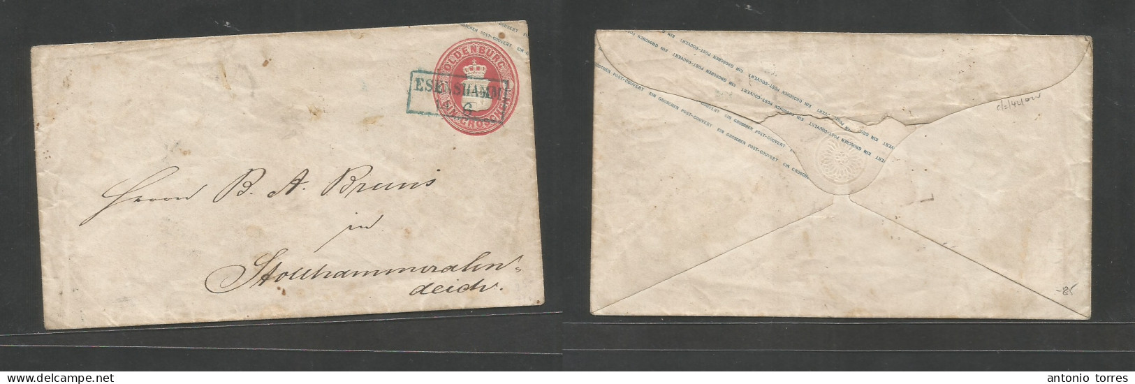 German States-Oldenburg. C. 1860. Essenshamm - Stonhammoralin. 1gr Rose Embossed Stat Envelope, Blue Box Town Ds. Fine. - Other & Unclassified