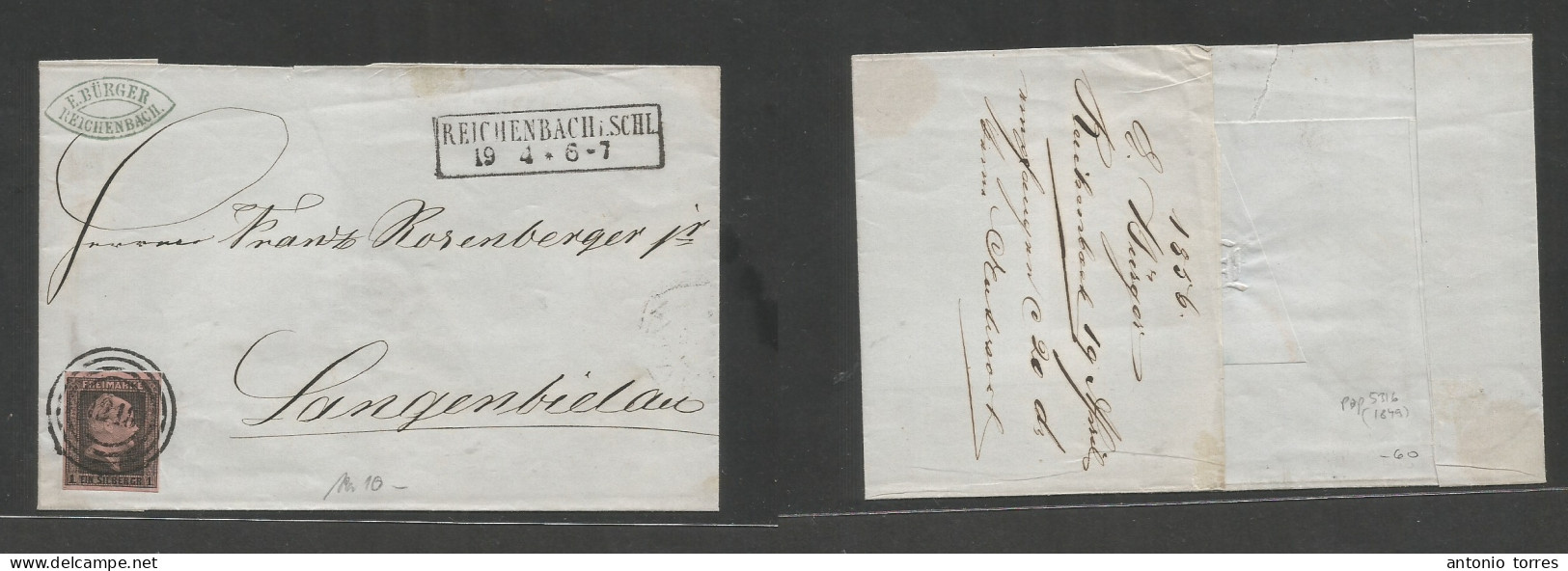 German States-Prusia. 1856 (19 Apr) Reichenbach - Langen Bielan. E Fkd 1gr Black/pink, Good Margin, Tied "1218" Rings, T - Sonstige & Ohne Zuordnung