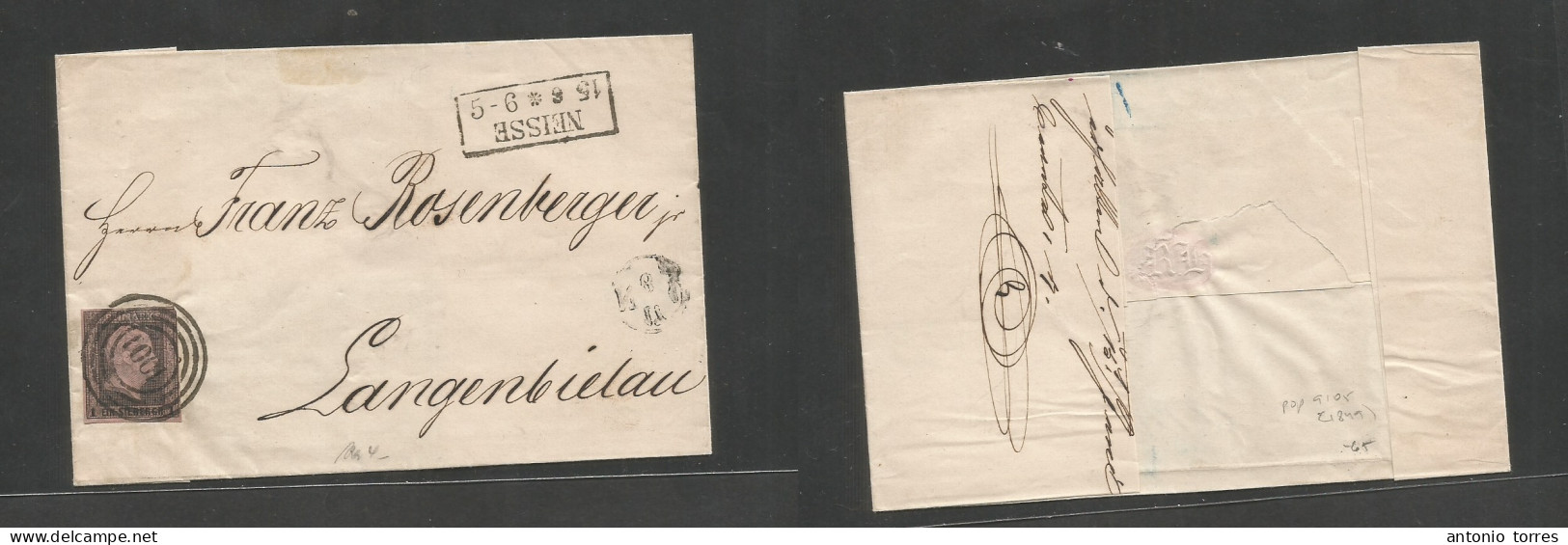 German States-Prusia. C. 1856 (5 June) Niesse - Langenbielan. Fkd E. 1gr Black / Pink "1001" Rings. Fine Town Box Ds Alo - Altri & Non Classificati