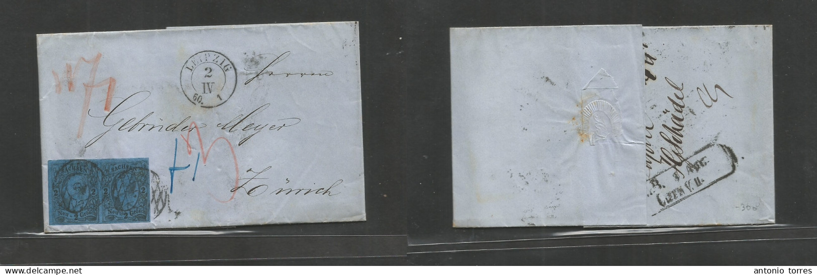 German States-Saxony. 1860 (2 Apr) Leipzig - Switzerland, Zurich (5 Apr) EL With Text Fkd 2gr Pair Good Margins, Tied Ri - Other & Unclassified