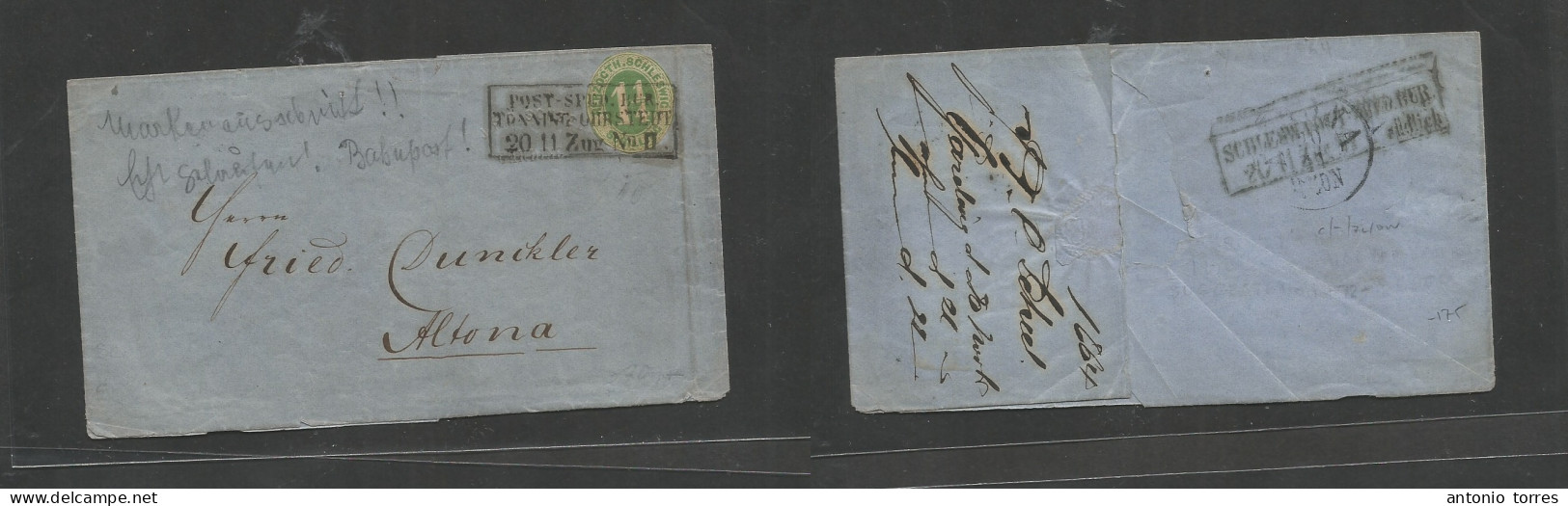 German States - Schleswig Holstein. 1864 (20 Nov) Garolons - Altona. EF Fkd 1 1/2 Sh Green, Tied TPO 2ng. Reverse Bisect - Autres & Non Classés