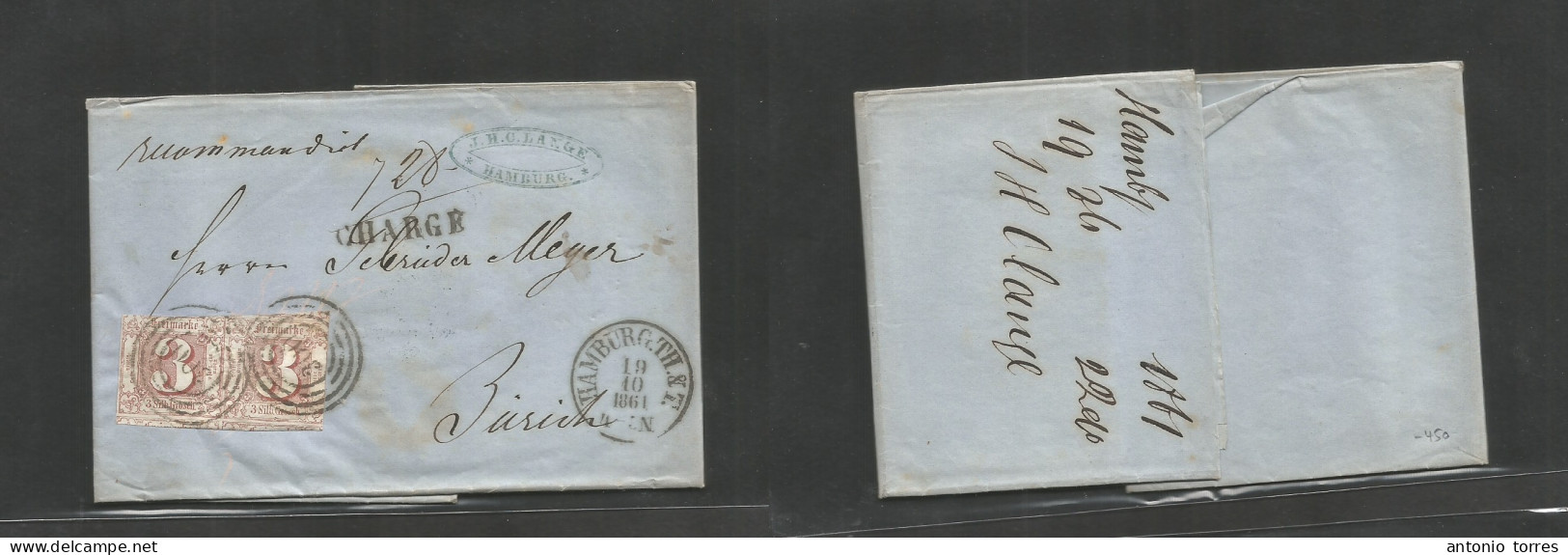 German States-T&t. 1861 (19 Oct) Hamburg - Switzerland, Zurich (22 Oct) Registered Multifkd 3 Silb Gr Pair. EL With Text - Otros & Sin Clasificación