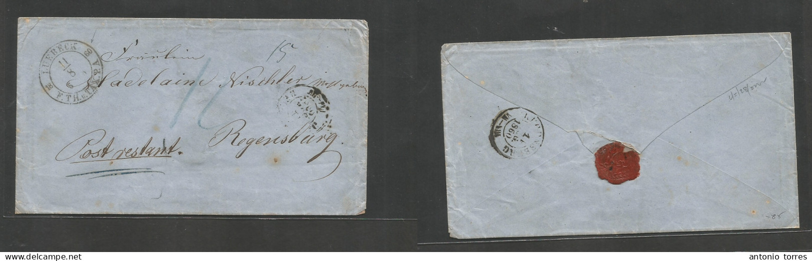 Germany Stampless. 1860 (11 Aug) Luebeck - Regensburg (14 Aug) Stampless Env, Depart + Arrival Cds + Transited On Revers - Sonstige & Ohne Zuordnung