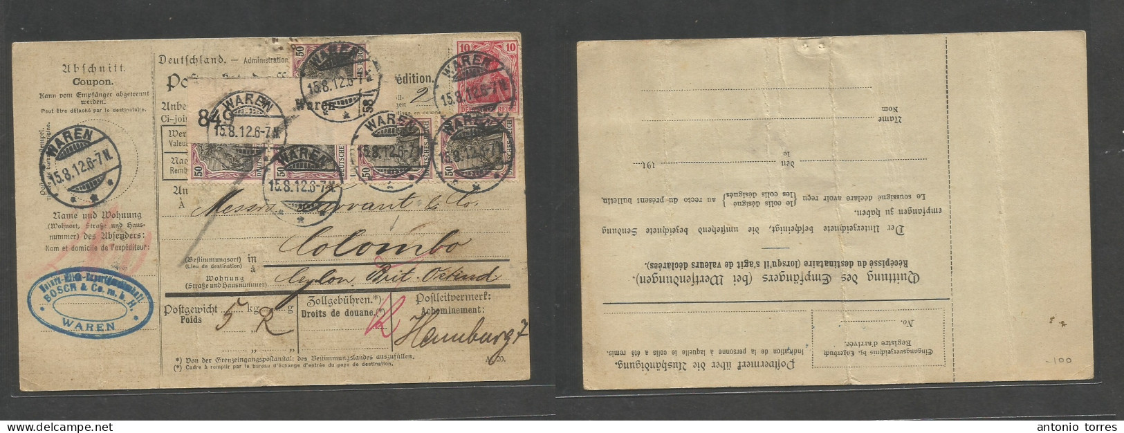 Germany - Xx. 1912 (15 Aug) Waren - Ceylon, Colombo, Indian Ocean. Multifkd Postal Package. Reverse Better Destination U - Otros & Sin Clasificación