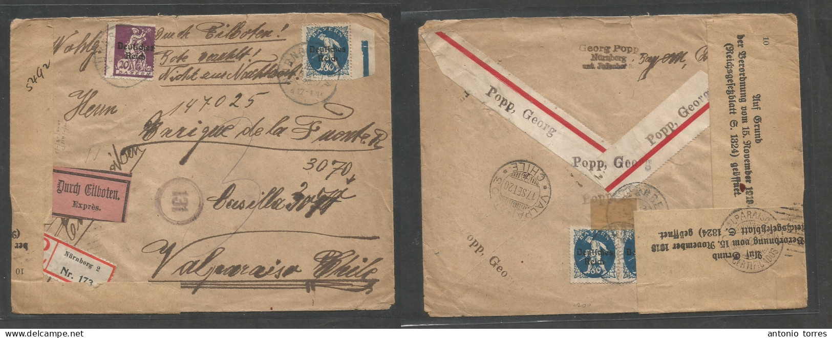 Germany - Xx. 1920 (20 July) Bayern, Nuremberg - Chile, Valparaiso (17 Sept) Registered Multifkd Front And Reverse Envel - Otros & Sin Clasificación