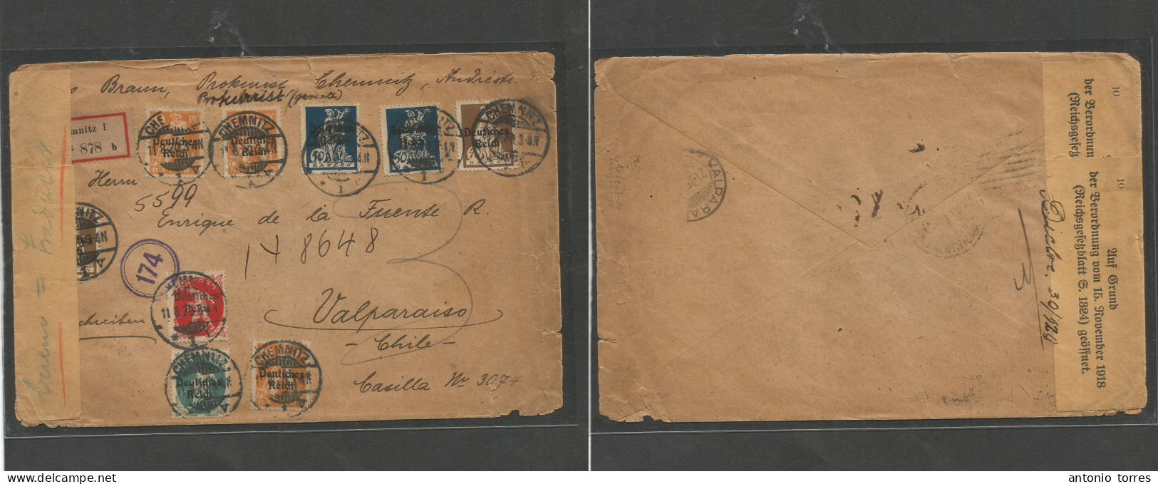 Germany. 1920 (11 Aug) Bayern Chemnitz - Chile, Valp (21 Sept) Registered Multifkd Divisa Control Censored Envelope. Arr - Sonstige & Ohne Zuordnung