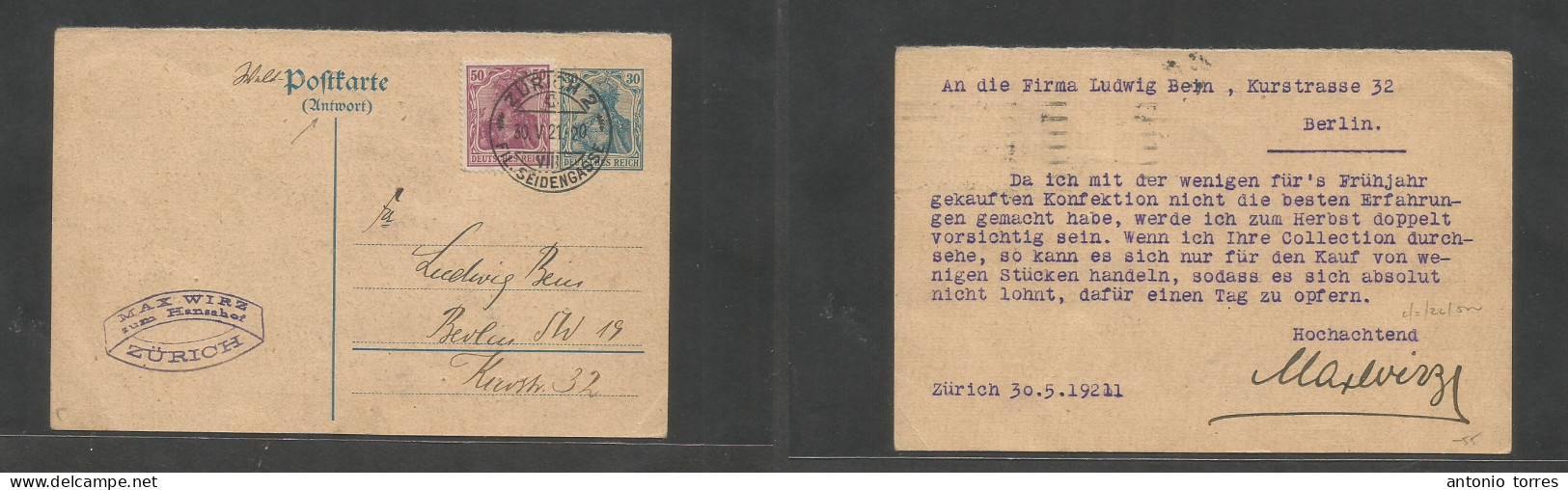 Germany - Stationery. 1921 (30 May) 30 Pf Green Stat Half Proper Usage. Switzerland, Zurich - Berlin, Incl Adtl 50 Pf Ge - Other & Unclassified
