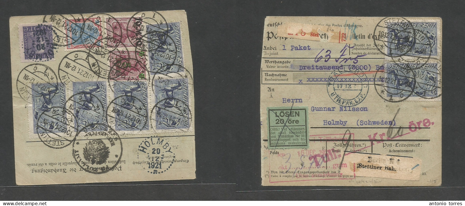 Germany - Xx. 1921 (10 Dec) Stattin - Sweden, Holmby (20 Dec) Front And Reverse Massive Multifkd Postal Package + Arriva - Sonstige & Ohne Zuordnung