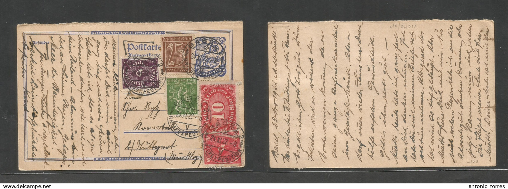 Germany - Stationery. 1922 (24 Nov) Reply Half Stat Card + 5 Adtls PROPER USAGE. Basel, Switzerland - Stuttgart, Rowntal - Altri & Non Classificati