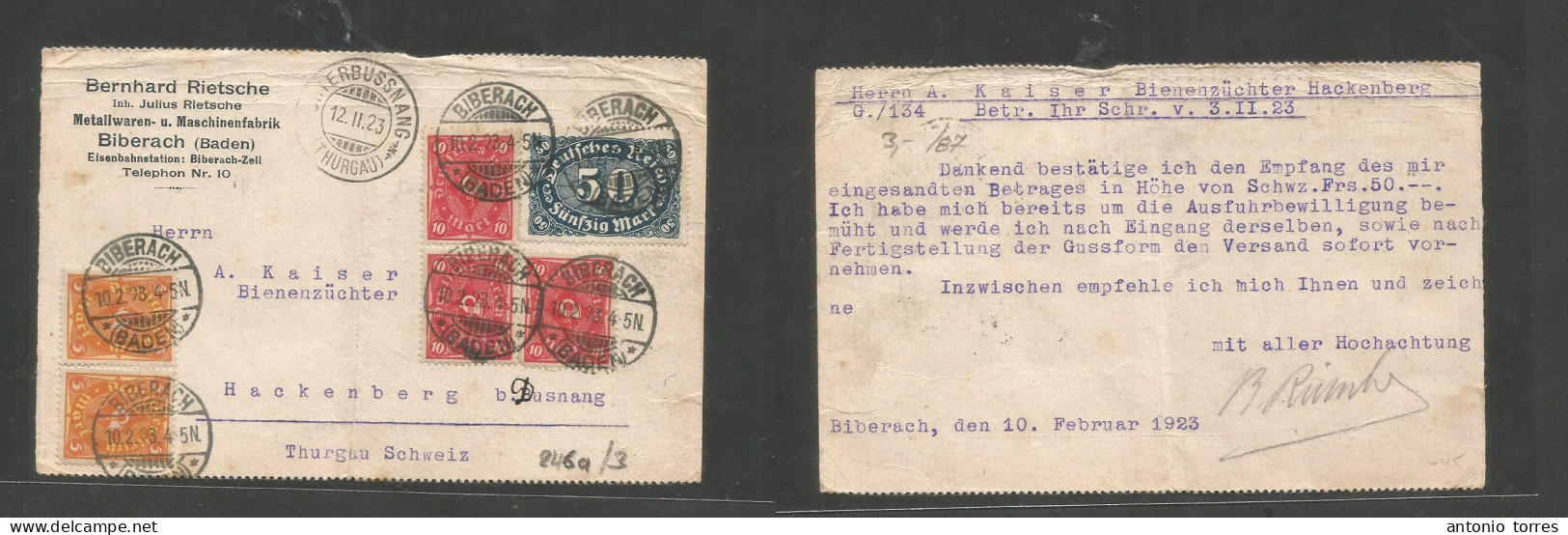 Germany 1921-4. 1923 (10 Feb) Biberach - Switzerland, Hackenberg, Thurgau (12 Feb). Comercial Inflation Multifkd Card At - Other & Unclassified
