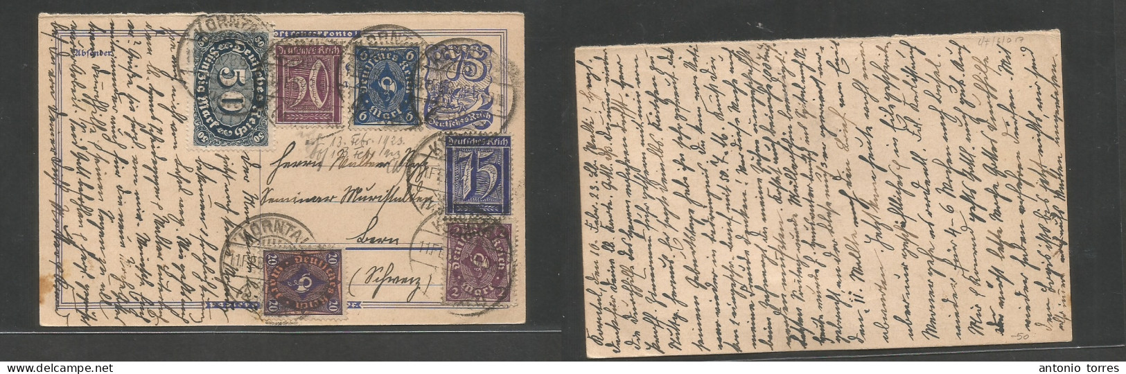 Germany 1921-4. 1923 (11 Febr) Korntal - Switzerland, Bern 75m Blue Half Stat Card Way Out + Six Adtls, Tied Depart Cds - Other & Unclassified