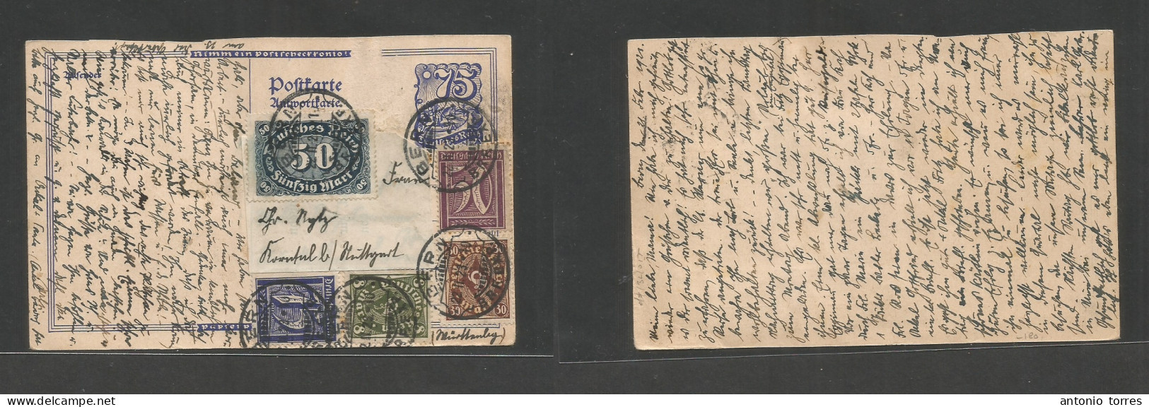 Germany 1921-4. 1923 (21 Febr) 75 M Blue Reply Half Stationary Card PROPER Usage Back To Germany + 5 Adtls. Inflation Pe - Other & Unclassified