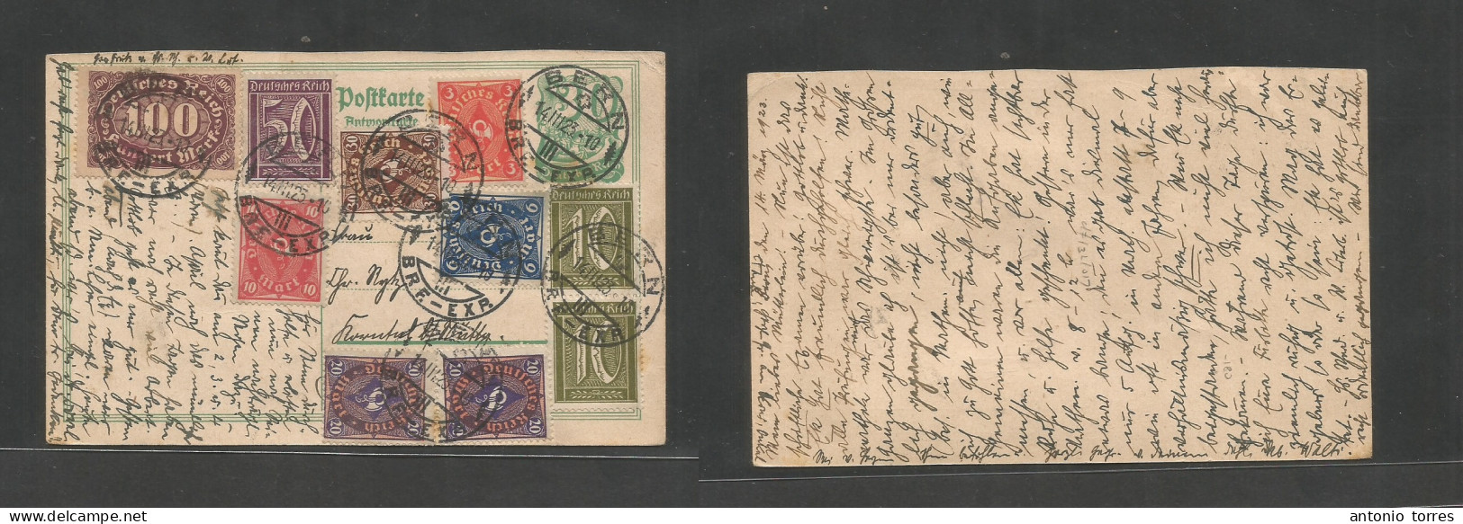 Germany - Stationery. 1923 (14 March) 30m Green Reply Half Stationary Card PROPER Usage Back To Germany + 9 Adtls, Tied - Otros & Sin Clasificación