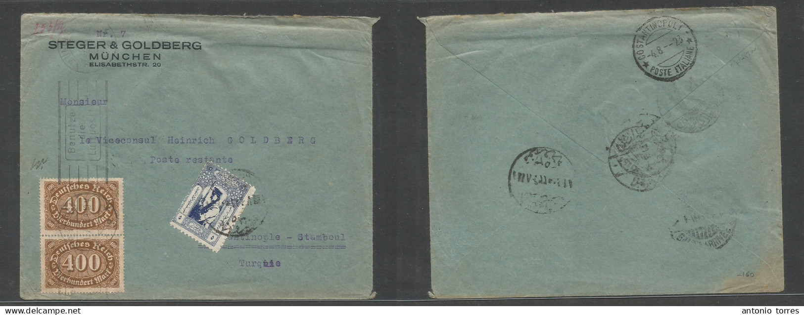 Germany 1921-4. 1923 (31 July) Munich - Turkey, Istambul Via Italy. Inflation 800 Mark Rate Fkd Comercial Envelope Tied - Other & Unclassified