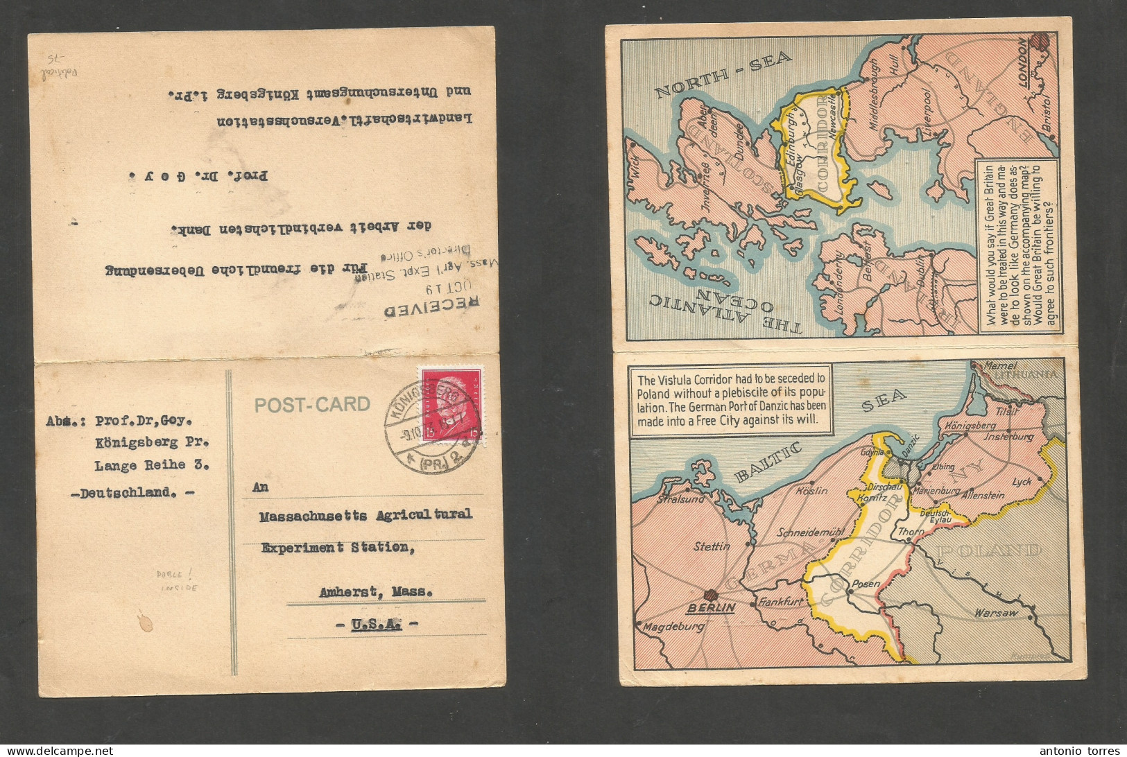 Germany - Xx. 1933 (9 Oct) Konigsberg - USA, Amherst (Oct 19) Doble Color Internal Danzig - Poland Corridor Claim Map Ca - Altri & Non Classificati