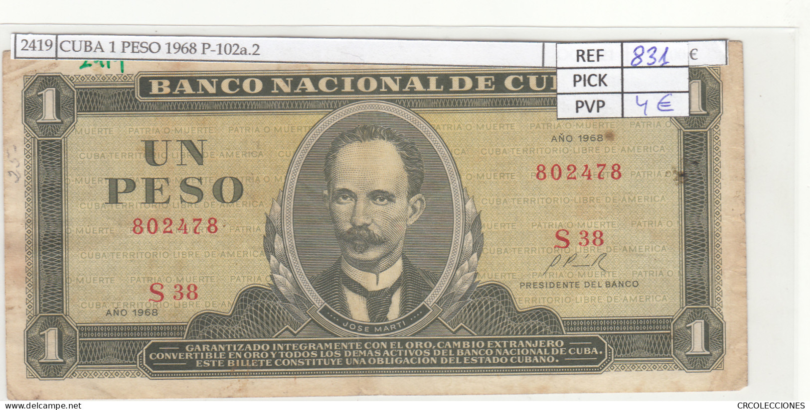 BILLETE CUBA 1 PESO 1968 P-102a.2 - Other - America