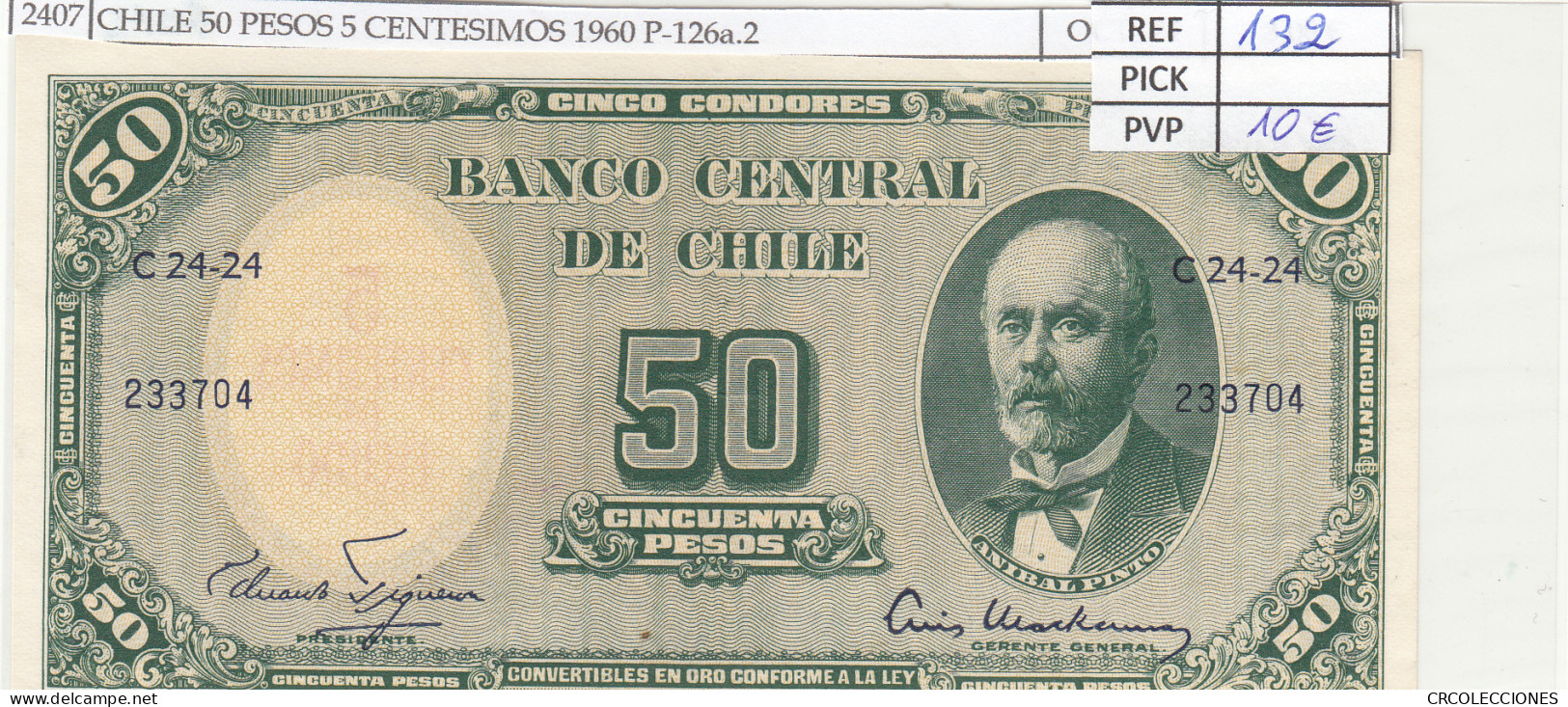 BILLETE CHILE 50 PESOS 5 CENTESIMOS 1960 P-126a.2 - Autres - Amérique