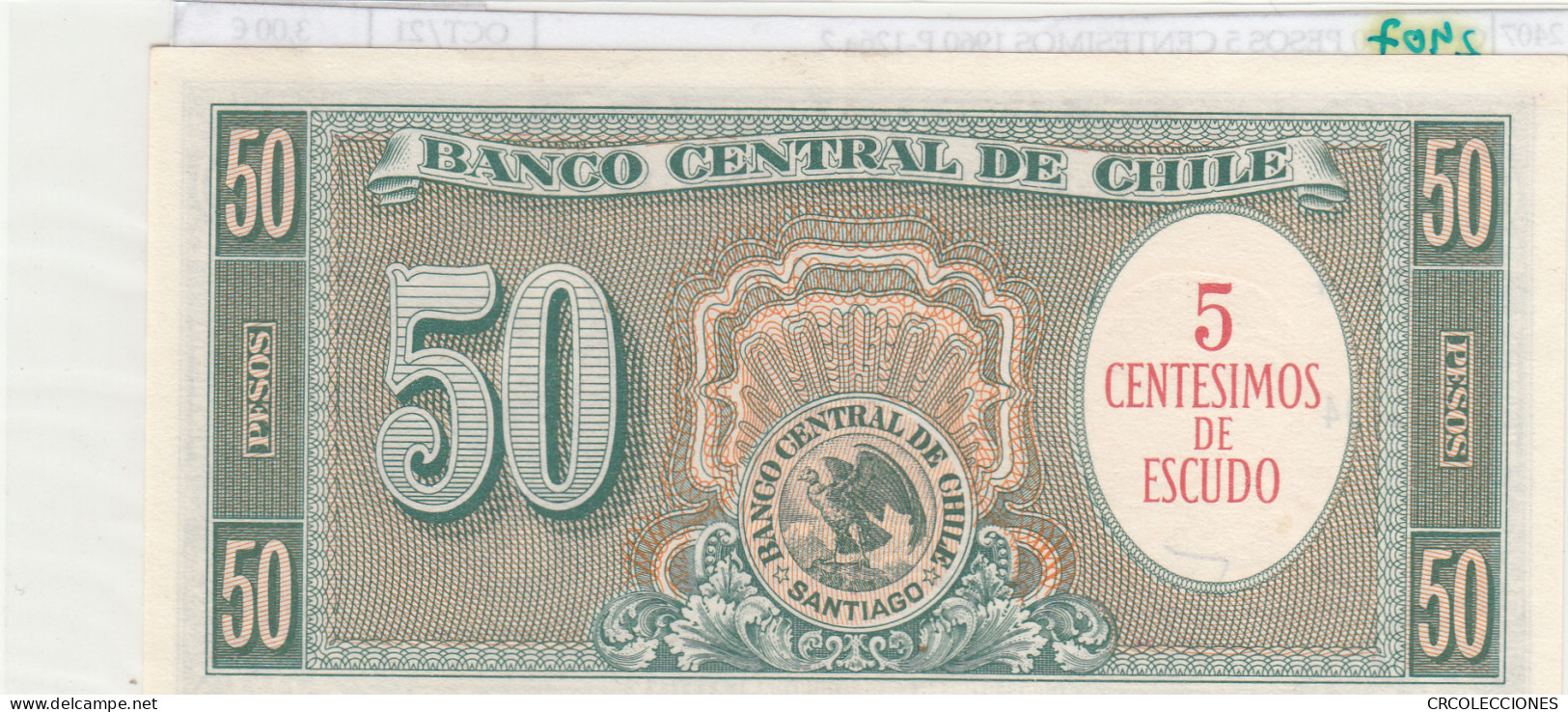 BILLETE CHILE 50 PESOS 5 CENTESIMOS 1960 P-126a.2 - Autres - Amérique