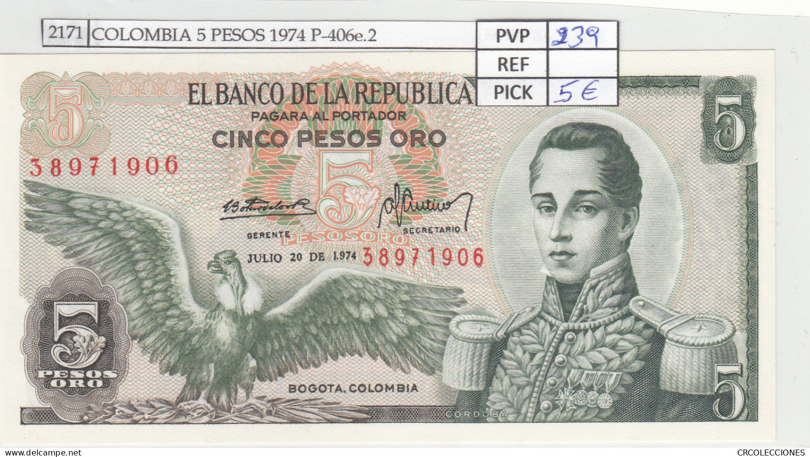 BILLETE COLOMBIA 5 PESOS 1974 P-406e.2 - Autres - Amérique