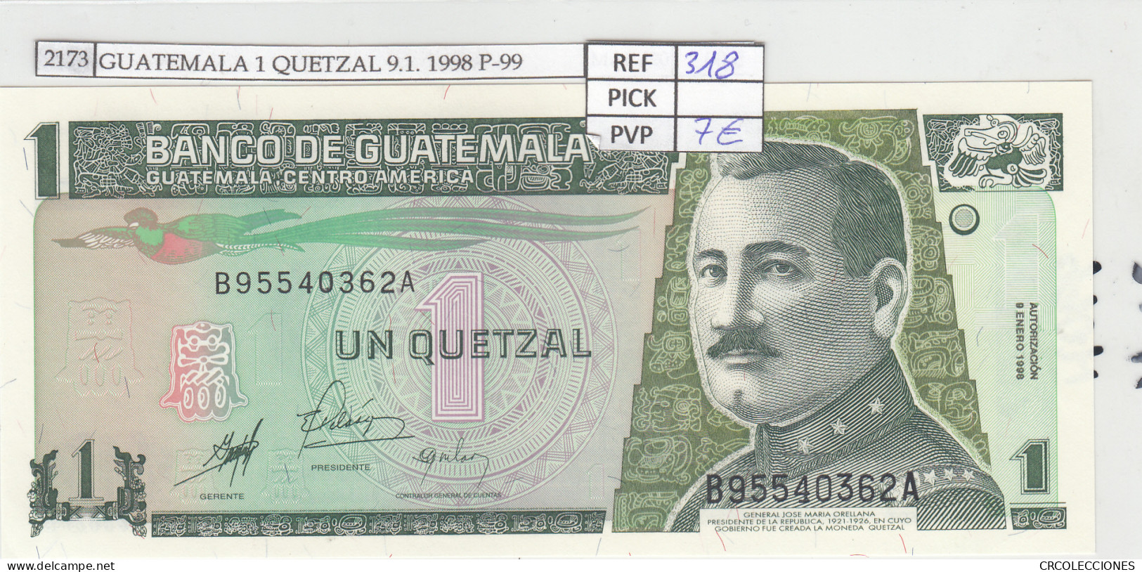 BILLETE GUATEMALA 1 QUETZAL 9.1. 1998 P-99  - Autres - Amérique