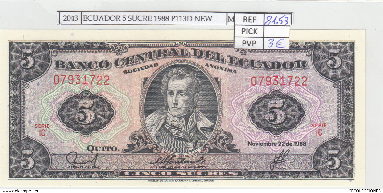 BILLETE ECUADOR 5 SUCRES 1988 P-113d.3 N02043 - Other - America