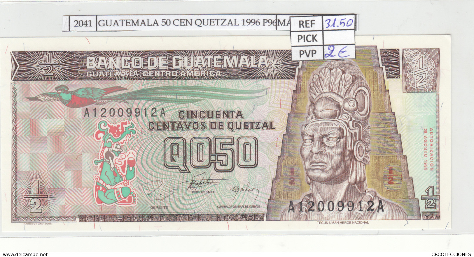 BILLETE GUATEMALA 50 CENTAVOS QUETZAL 1996 P-96a N02041 - Autres - Amérique