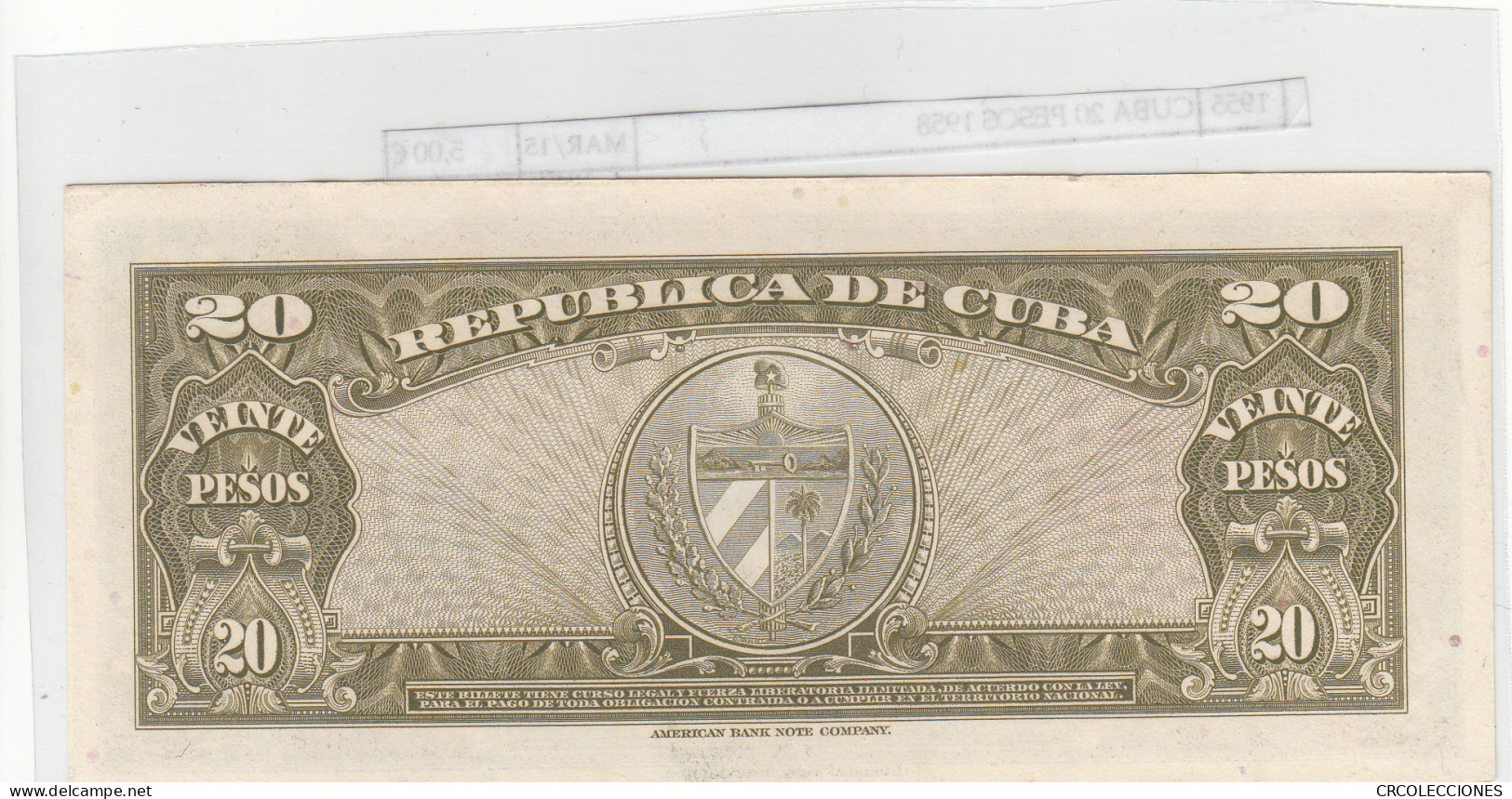 BILLETE CUBA 20 PESOS 1958 P-80b N01955 - Other - America