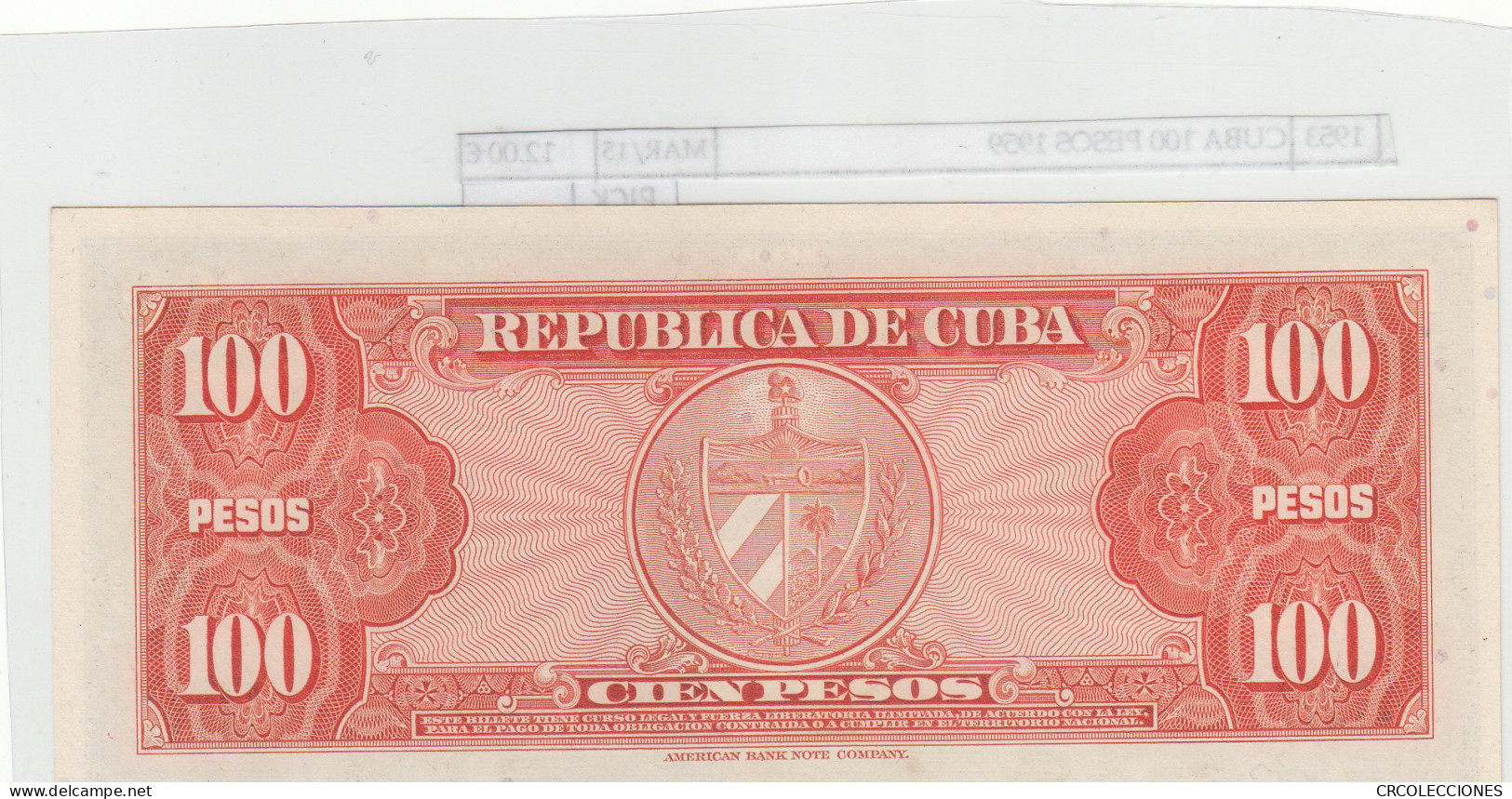 BILLETE CUBA 100 PESOS 1959 P-93a N01953 - Altri – America