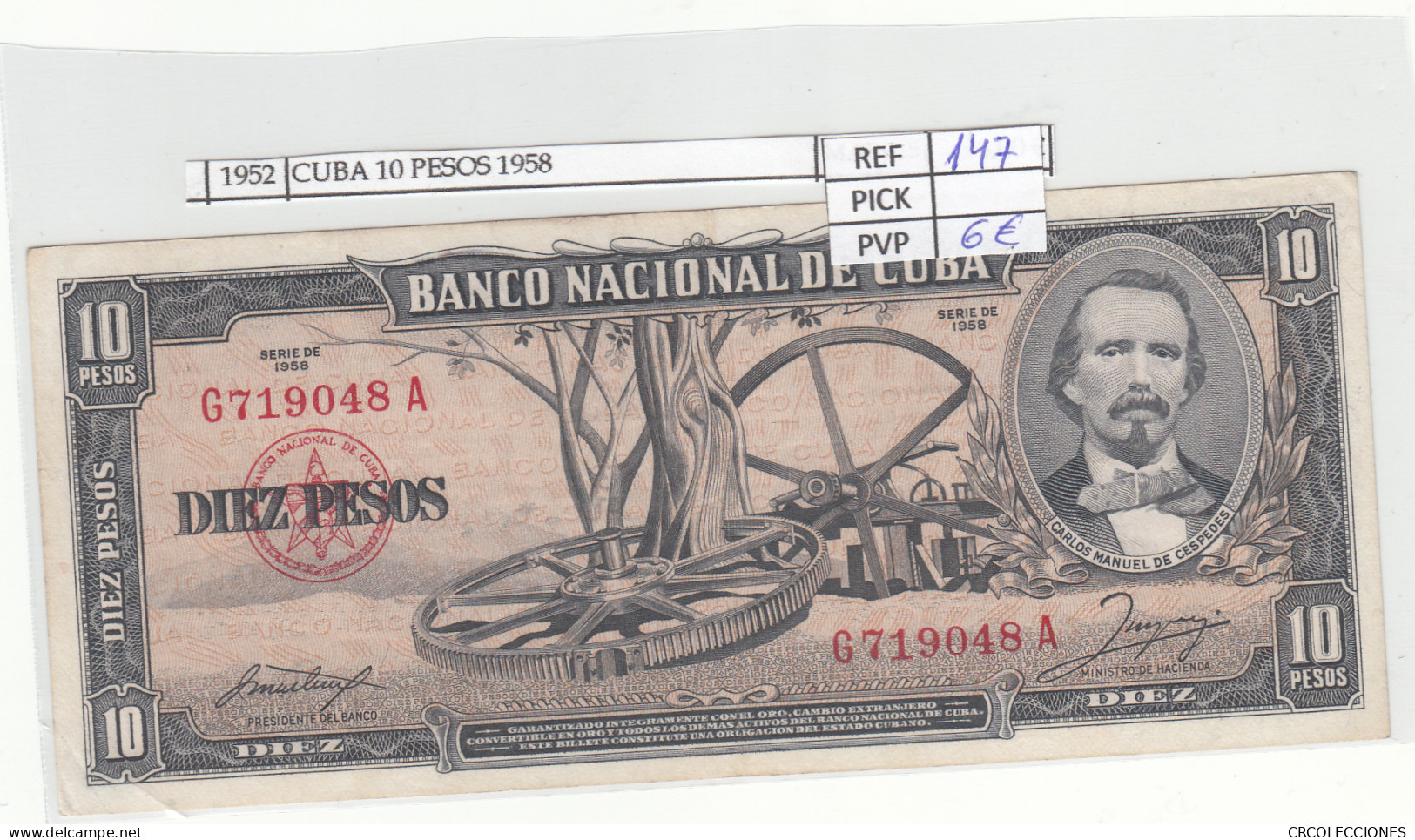 BILLETE CUBA 10 PESOS 1958 P-88b N01952 - Sonstige – Amerika