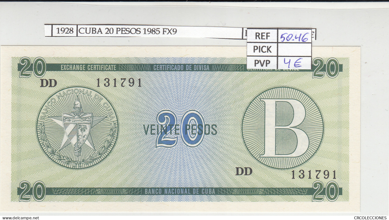 BILLETE CUBA 20 PESOS SERIE B 1985 P-FX9 N01928 - Sonstige – Amerika