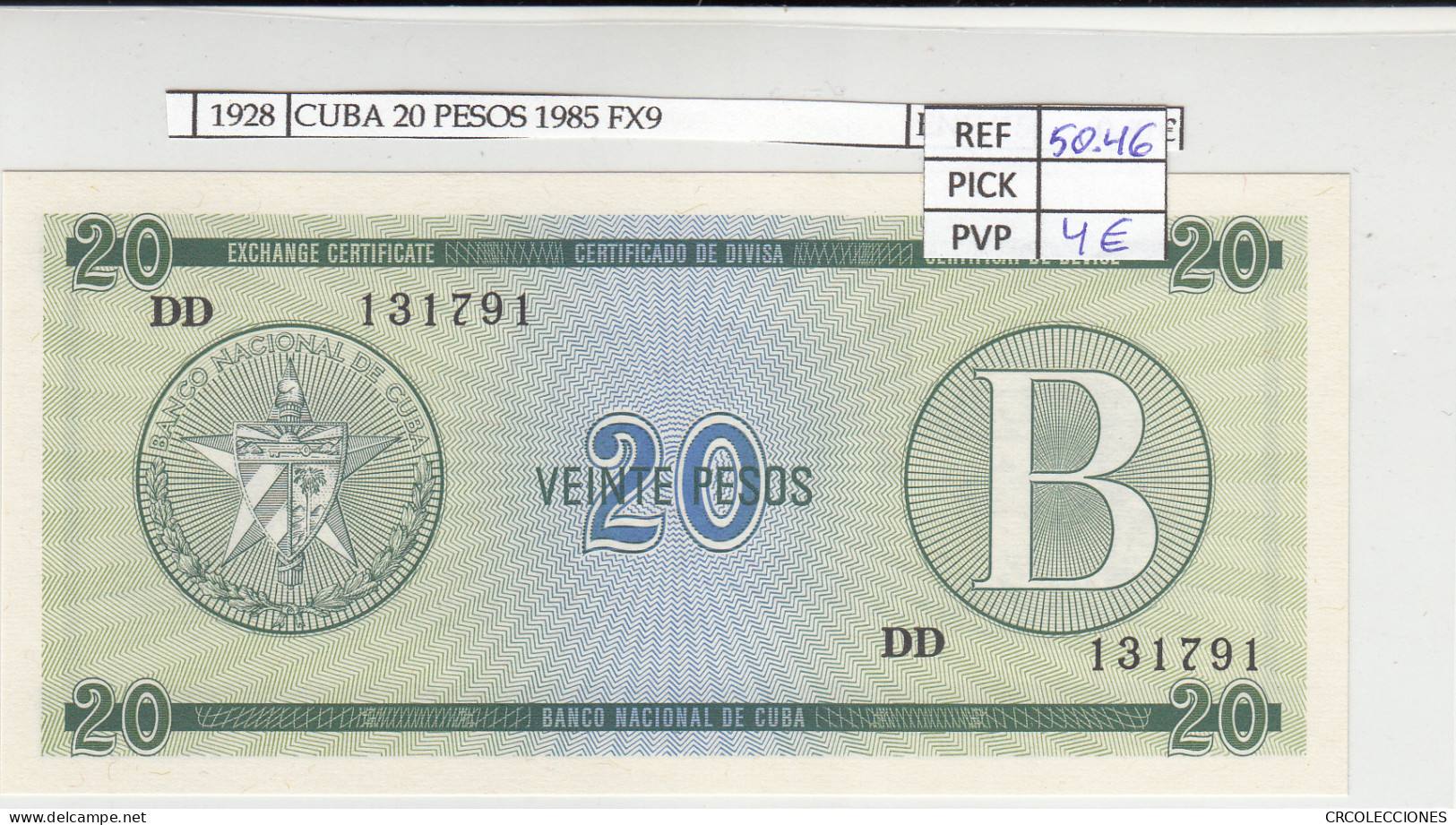 BILLETE CUBA 20 PESOS SERIE B 1985 P-FX9 N01928 - Otros – América