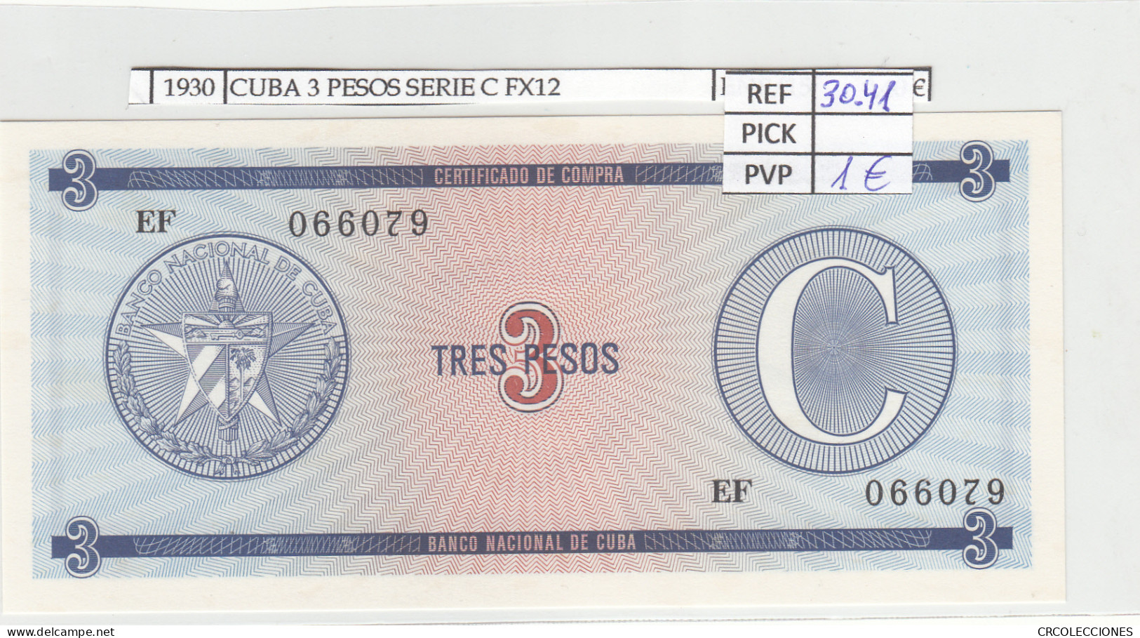 BILLETE CUBA 3 PESOS SERIE C 1985 P-FX20 N01930 - Sonstige – Amerika