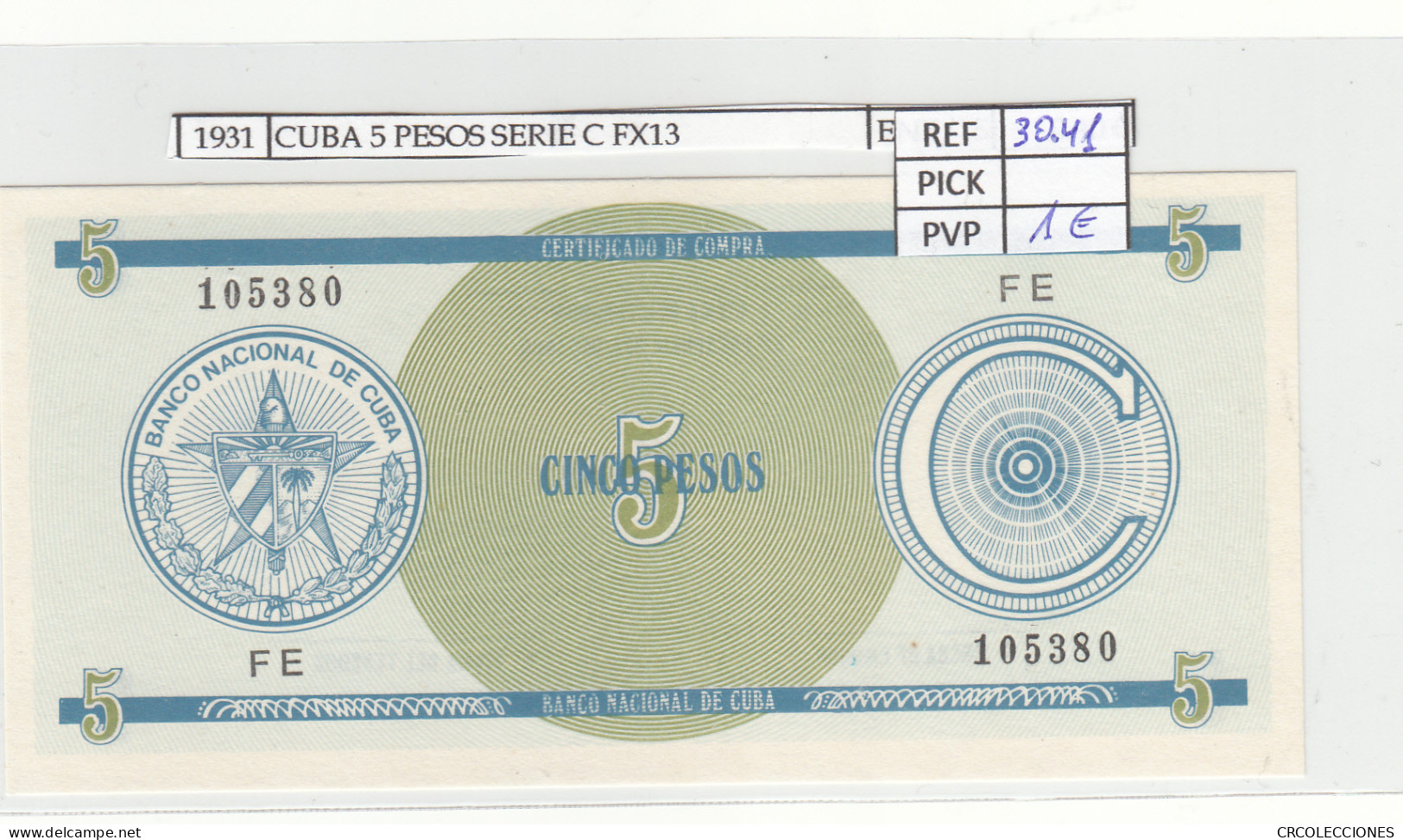 BILLETE CUBA 5 PESOS SERIE C 1985 P-FX13a.1 N01931 - Sonstige – Amerika