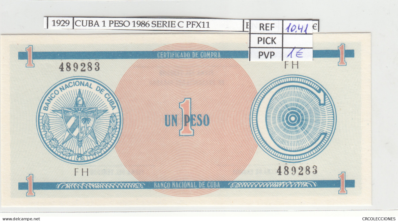 BILLETE CUBA 1 PESO SERIE C 1985 P-FX11 N01929 - Otros – América