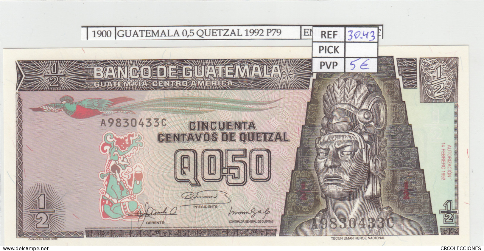 BILLETE GUATEMALA 0,5 QUETZAL 1992 P-72b N01900 - Autres - Amérique