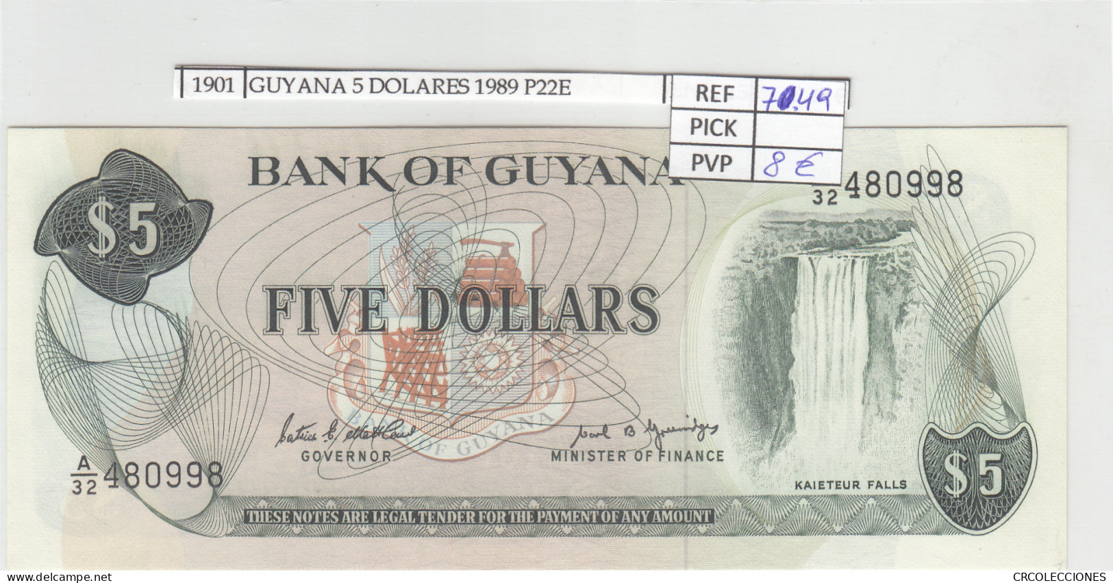 BILLETE GUYANA 5 DOLARES 1989 P-22e N01901 - Altri – America