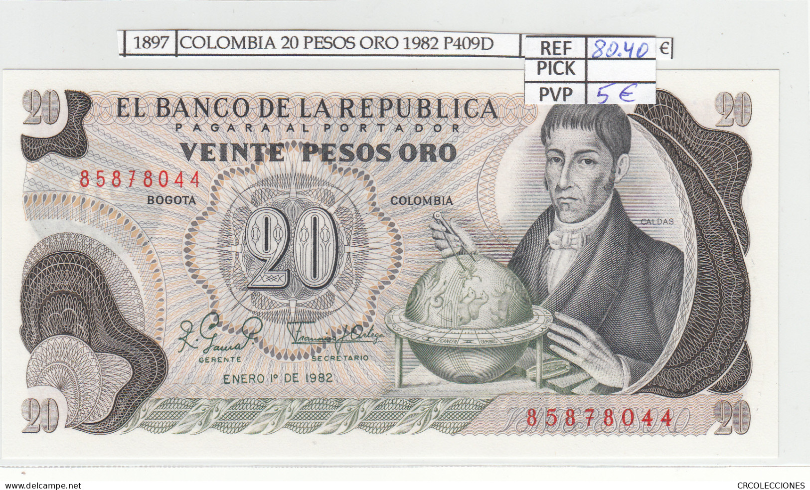 BILLETE COLOMBIA 20 PESOS ORO 1982 P-409d.3 N01897 - Autres - Amérique