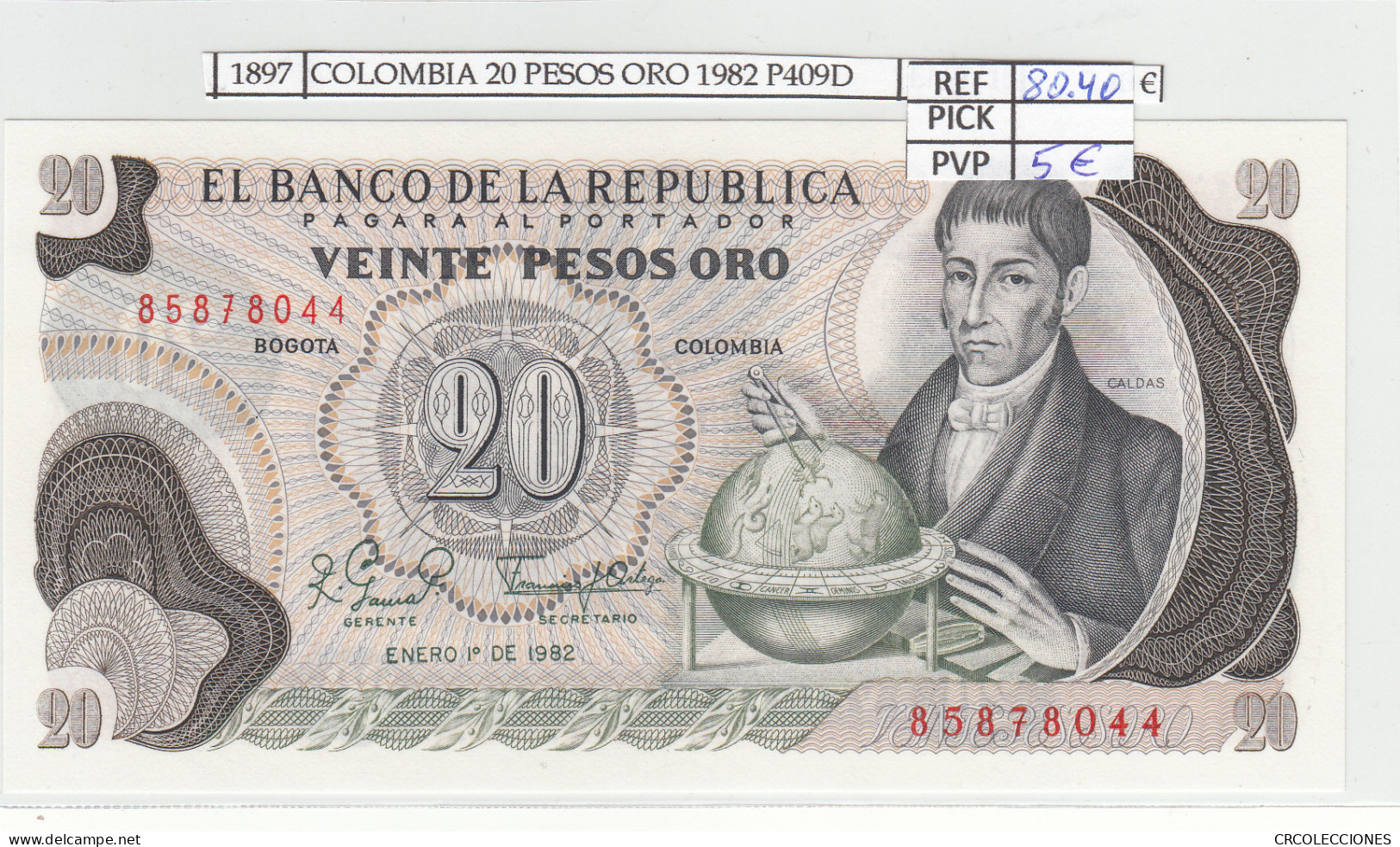 BILLETE COLOMBIA 20 PESOS ORO 1982 P-409d.3 N01897 - Otros – América