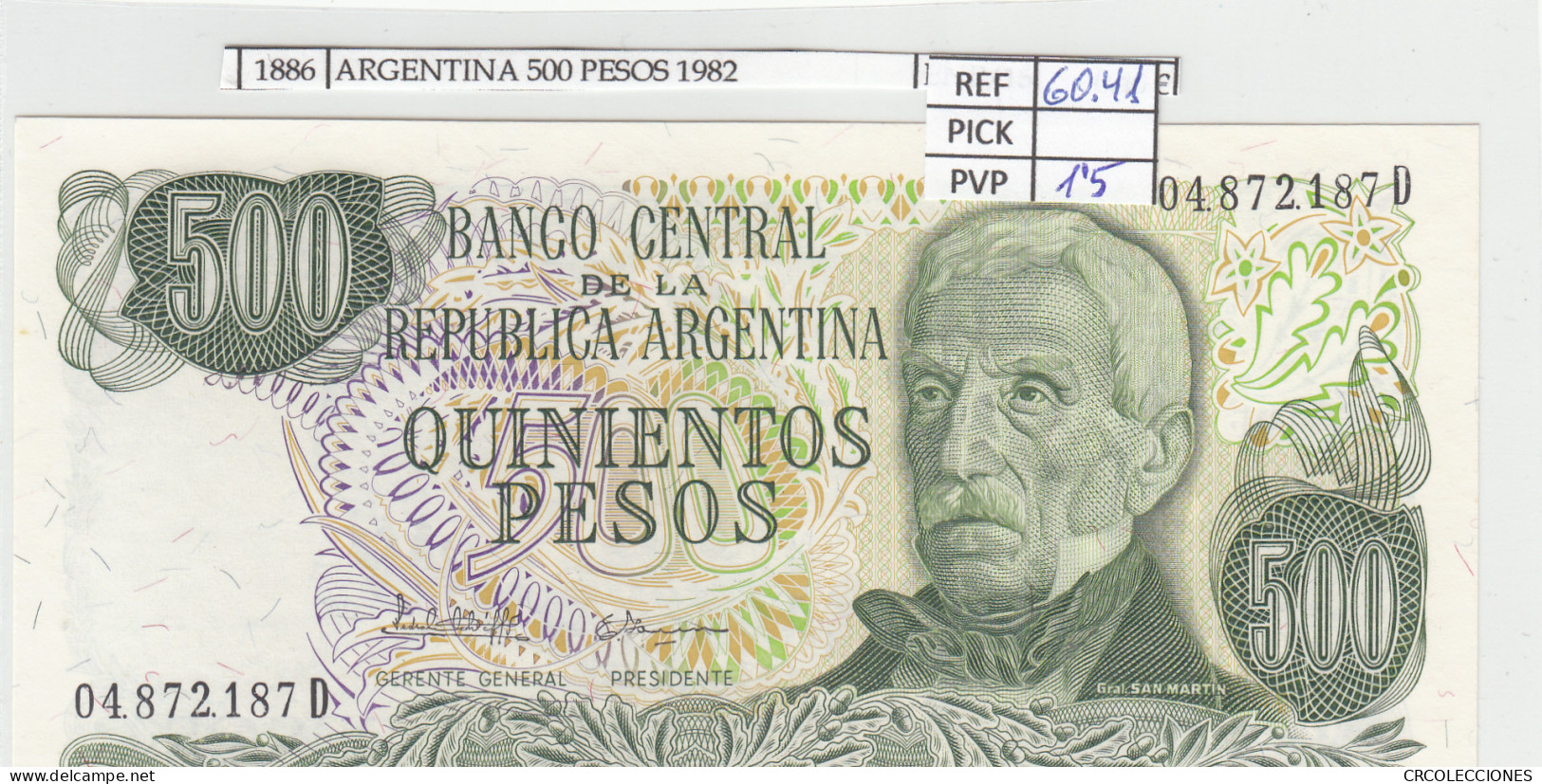 BILLETE ARGENTINA 500 PESOS 1982 - Otros – América