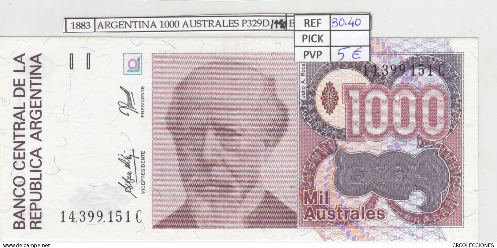 BILLETE ARGENTINA 1000 AUSTRALES 1990 P-329d N01883 - Otros – América