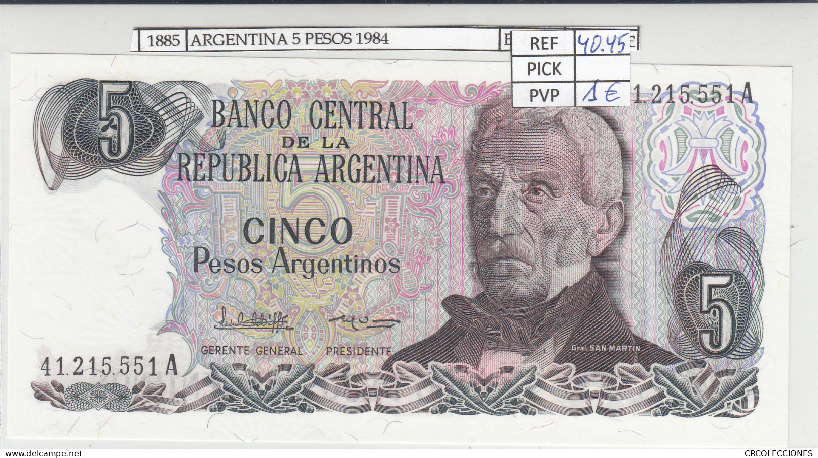 BILLETE ARGENTINA 5 PESOS 1984 P-312a.2 N01885 - Sonstige – Amerika