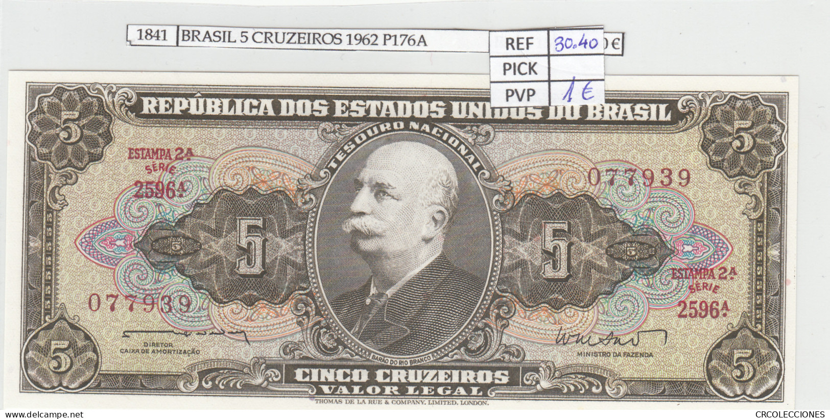 BILLETE BRASIL 5 CRUZEIROS 1962 P-176a N01841 - Altri – America