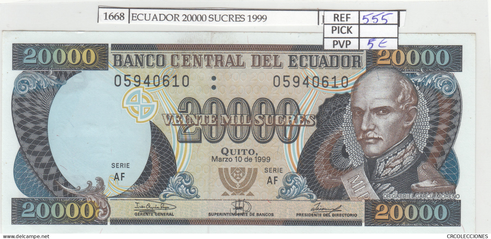 BILLETE ECUADOR 20.000 SUCRES 1999 P-129g.1 N01668 - Otros – América
