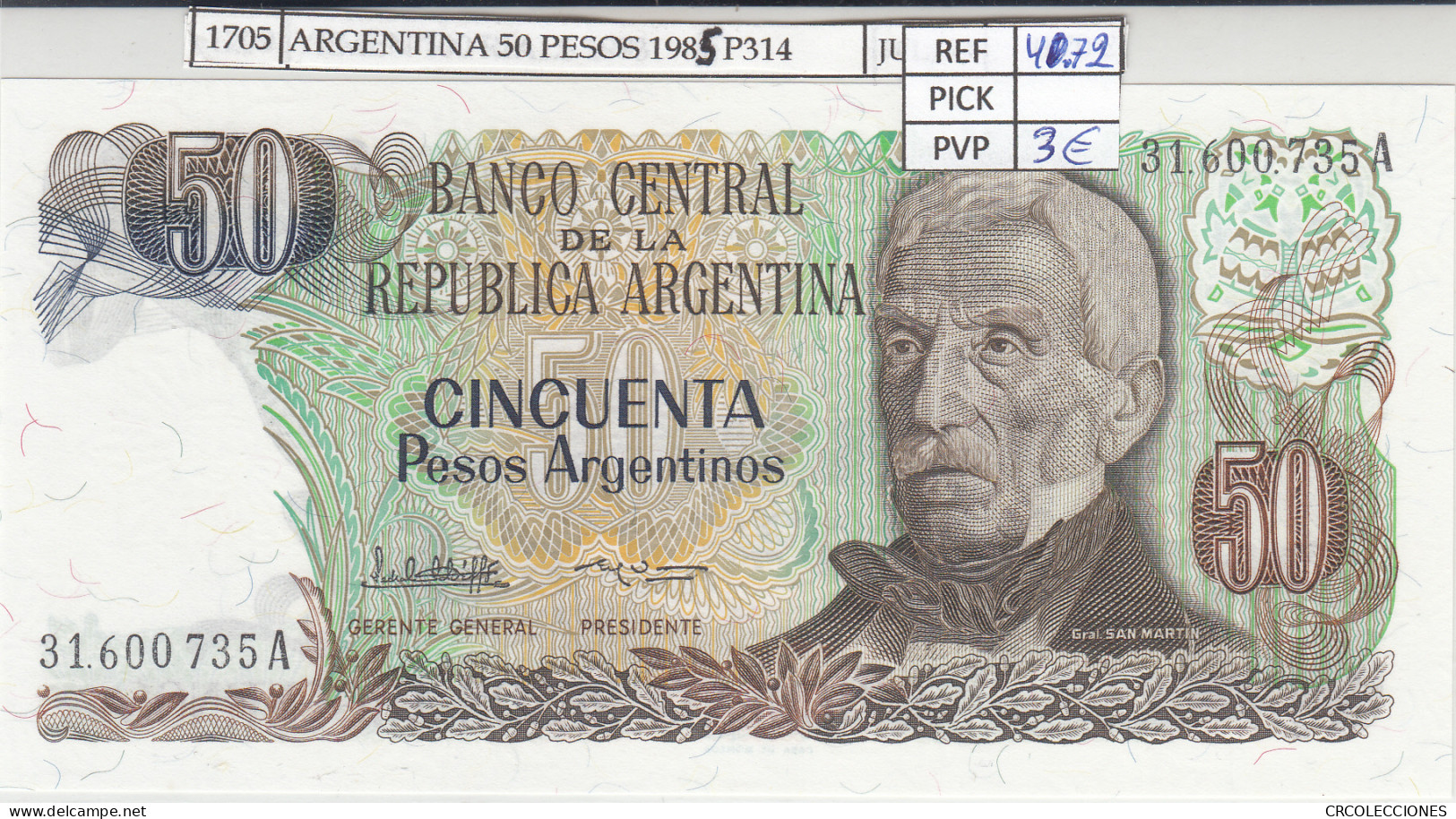 BILLETE ARGENTINA 50 PESOS 1985 P-314a.2 N01705 - Altri – America