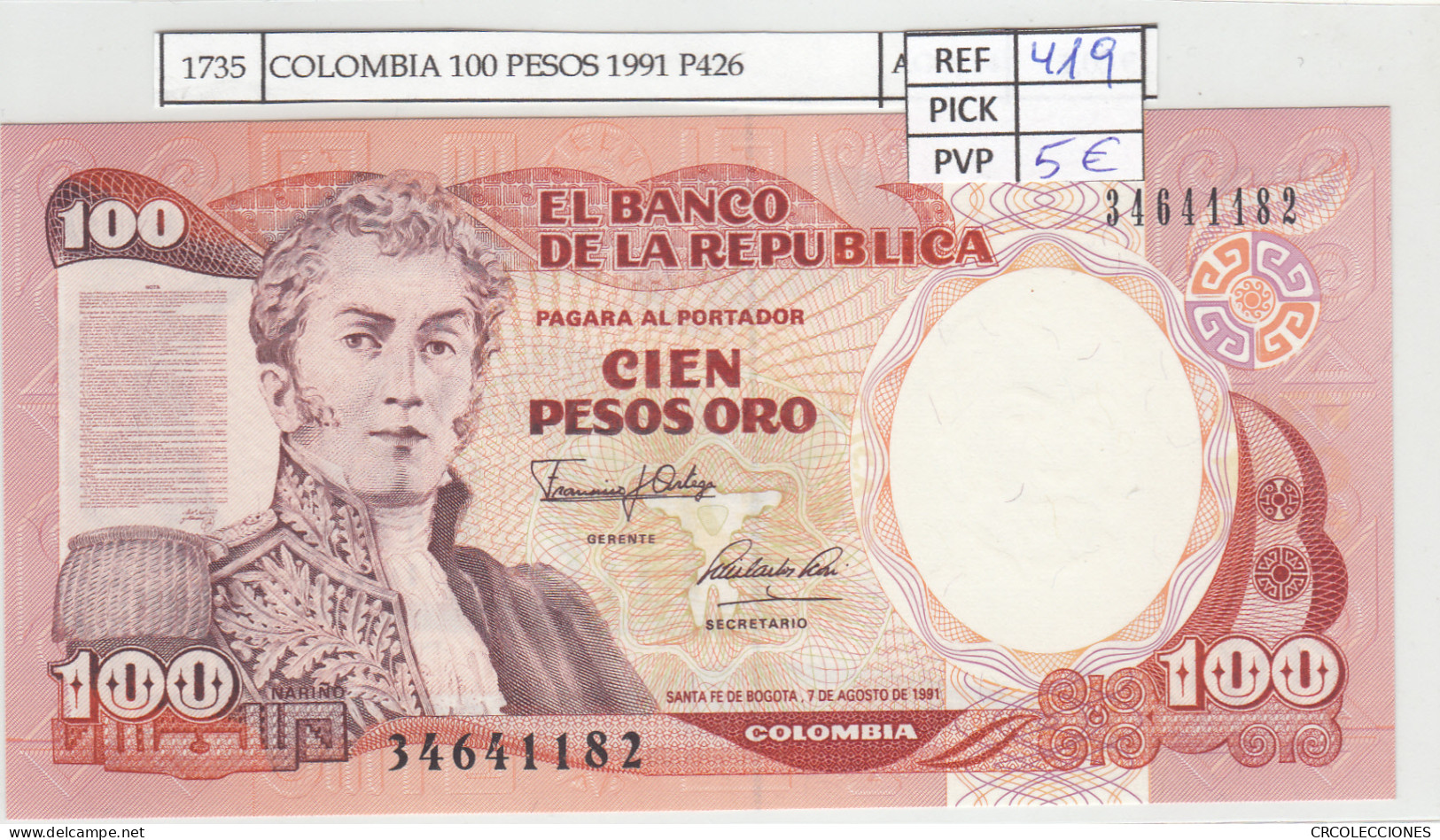 BILLETE COLOMBIA 100 PESOS 1991 P-426Аa N01735 - Altri – America