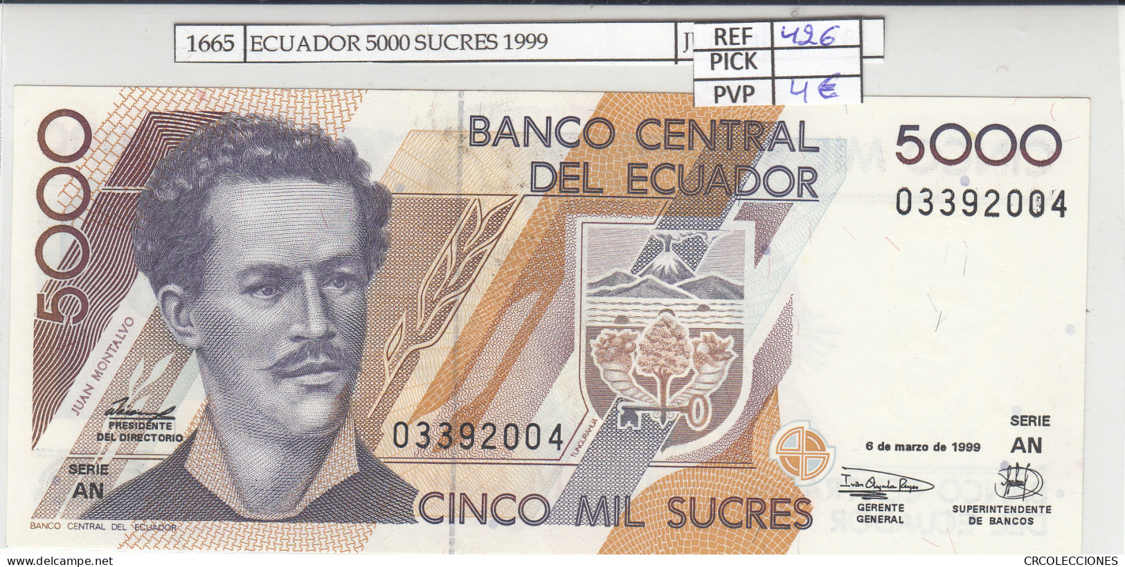 BILLETE ECUADOR 5.000 SUCRES 1999 P-128c.1 N01665 - Altri – America