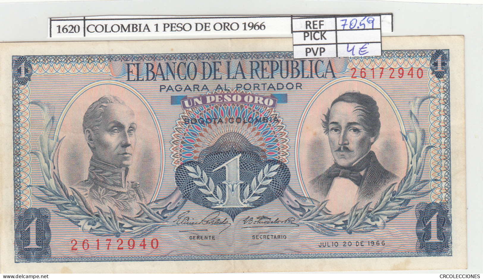 BILLETE COLOMBIA 1 PESO DE ORO 1966 P-404d.1 N01620 - Otros – América