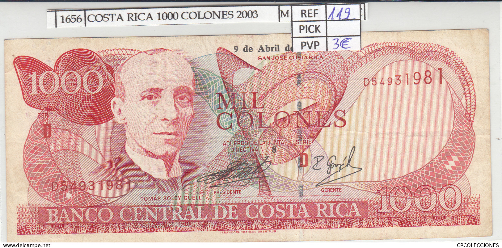 BILLETE COSTA RICA 1.000 COLONES 2003 P-264d N01656 - Otros – América