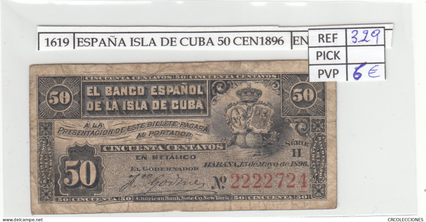 BILLETE CUBA 50 CENTAVOS 1896 P-46a N01619 - Sonstige – Amerika