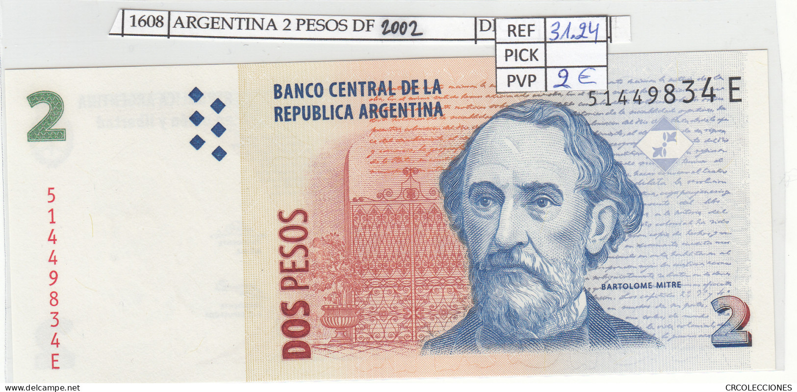 BILLETE ARGENTINA 2 PESOS 2002 P-352a.2 N01608 - Sonstige – Amerika